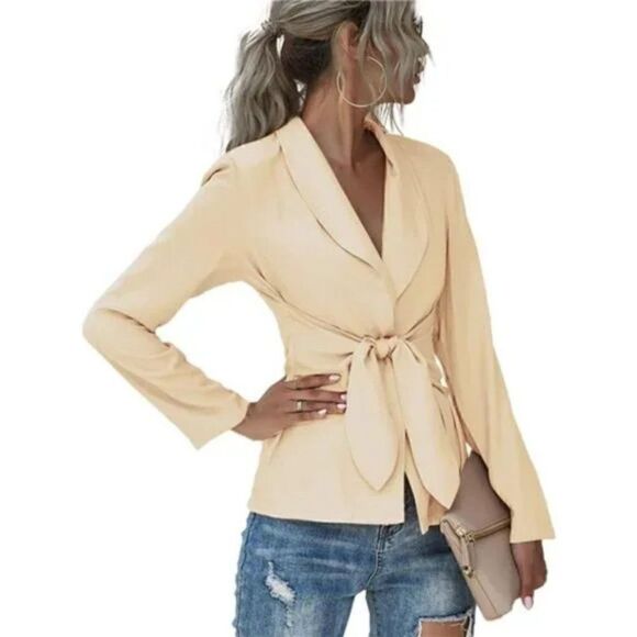 Women's V Neck Blazer Jacket Self Tie Knot Khaki or Beige - Picture 8 of 12